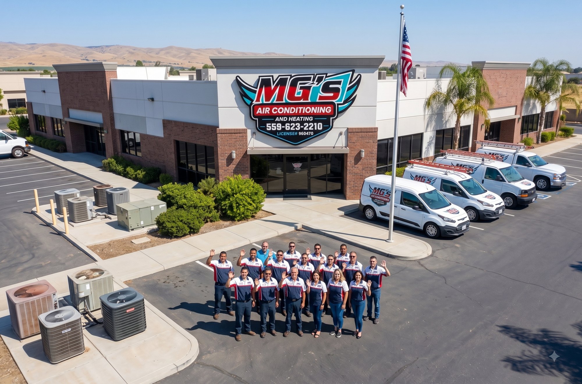The full MG's Air Conditioning & Heating team and fleet outside their Visalia shop